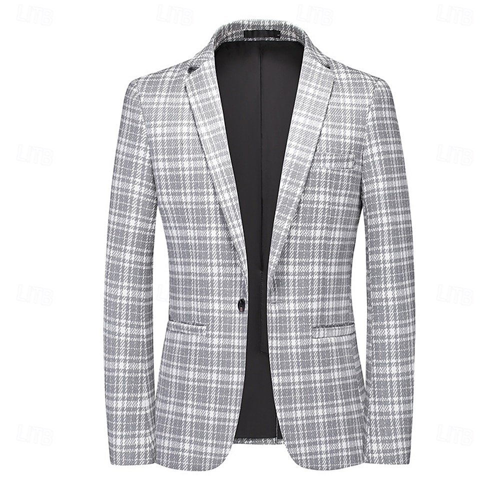 Men's Blazer Business Cocktail Party Wedding Party Fashion Casual Spring & Fall Polyester Plaid Button Pocket Comfortable Single Breasted Blazer Black khaki Gray 2025 - $77.99 –P10