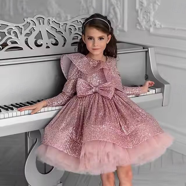 Kids Girls' Party Dress Solid Color Long Sleeve Performance Wedding Party Mesh Princess Sweet Mesh Mid-Calf Sheath Dress Tulle Dress Summer Spring Fall kids Pink 2025 - $83.99 –P5