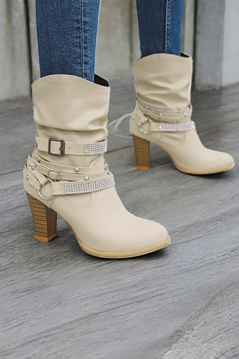 braune, lässige Stiefel mit halbhoher Sohle und Nietenriemen sowie Strassverzierungen für Damen – High Heel im Westernstil für Partys und die Freizeit 2025 - $64.99 –P5