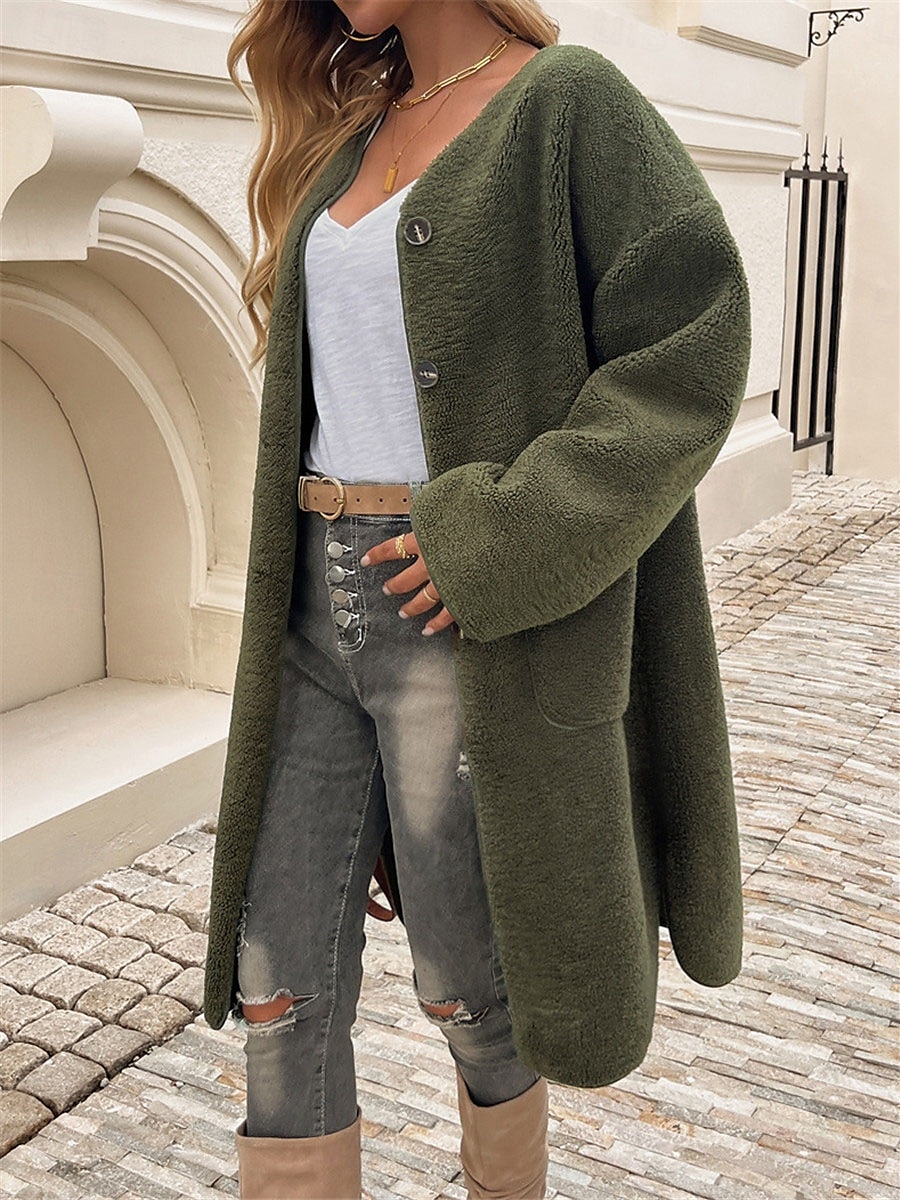 Per donna Cappotto invernale Esterno Strada Da tutti i giorni Autunno Inverno Lungo Cappotto Standard Tenere al caldo Traspirante Moda Informale Giacca Manica lunga Liscio Con tasche Verde militare del 2025 a $62.99 –P4