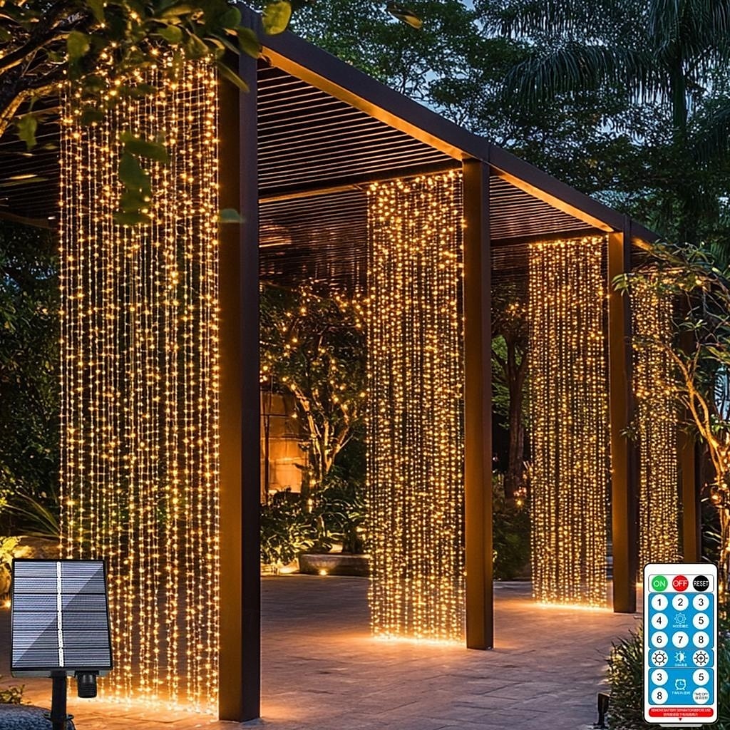 3*3m 300 led φωτιστικό ηλιακής κουρτίνας φωτιστικό εξωτερικού χώρου τηλεχειριστηρίου 8 λειτουργίες φωτισμού νεράιδα φώτα ip65 αδιάβροχα δερμάτινα φώτα νήμα Χριστουγεννιάτικο πάρτι γάμος σπίτι 2025 - $34.99 –P9