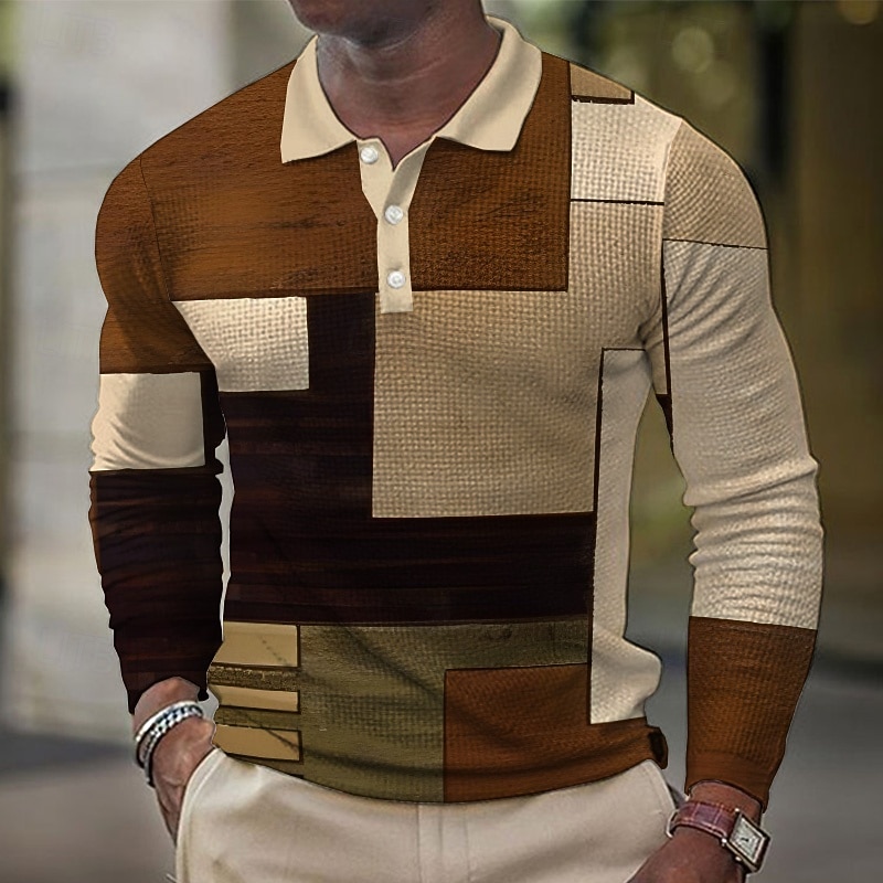 Men's Plaid Waffle Polo Shirts Golf Shirt Long Sleeve Polo Shirts Collared Shirts Vintage Casual Vacation Wear Formal Wear Festival Wear Buttons 3D Print Spring Fall Winter Brown 2025 - $23.99 –P1