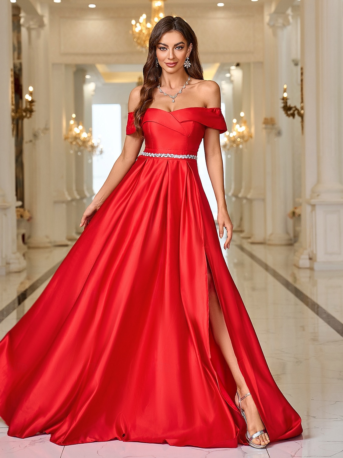 Abito da sera A-Line elegante abito formale strascico  spazzola copertura maniche lunghe off-shoulder tasca satin con strass del 2025 a $118.99 –P1