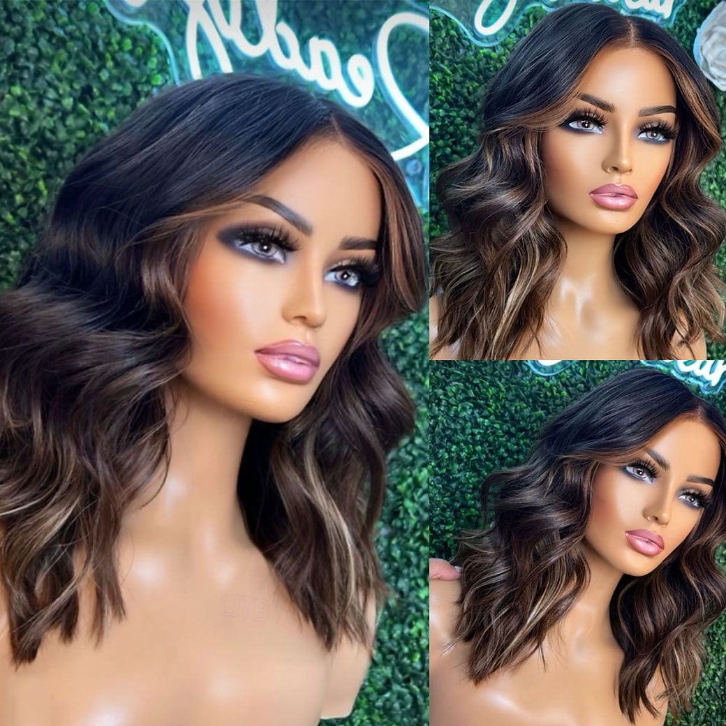 Cabelo humano remy 13x4 Lace Front Peruca Bob curto Cabelo Brasileiro Ondulado Multi Cores Peruca 130% 150% Densidade do Cabelo Suave Cabelo com Luzes / Reflexos Sem cola Pré-depenado Para Feminino de 2025 por $294.69 –P4