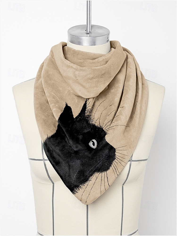 beige halsduk i vintagestil för kvinnor med svart katttryck – mysig och unik accessoar för kattälskare, perfekt för höst- och vinterkläder 2025 - $18.99 –P3