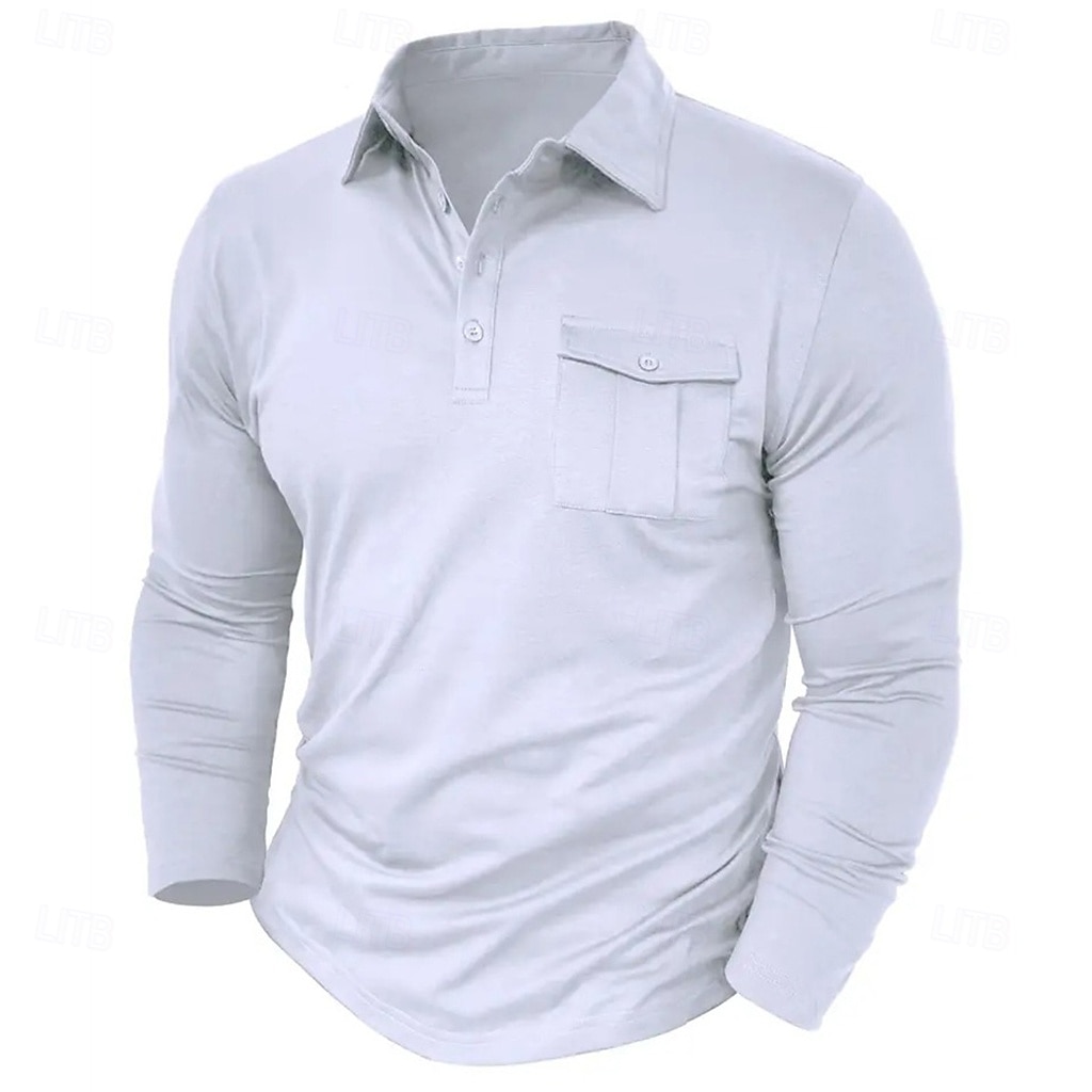 Herr Pikétröjor Golftröja Ledigt Sport Kavajslag Långärmad Mode Grundläggande Slät Ficka Knappar Vår & Höst Normal Vit Mörkgrön Pikétröjor 2026 - $24.99 –P2