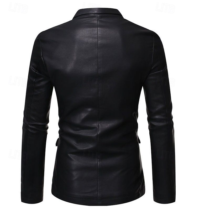czarna męska marynarka ze skóry pu biuro praca ulica kieszeń moda casual wiosna &jesienna poliestrowa prosta kieszonka swobodna/codzienna jednorzędowa marynarka 2025 - $67.99 –P3