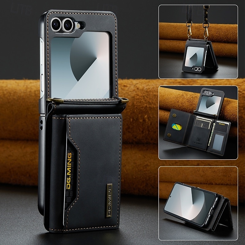 Housse de téléphone pour Z Flip 6 Z Flip 5 Z Flip 4 Z Flip 3 couverture arrière avec support avec cordon emplacement pour carte rétro TPU cuir PU de 2025 ? $31.99 –P4