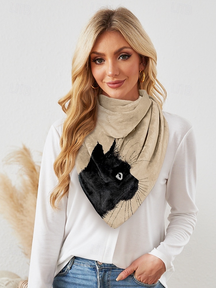 beige halsduk i vintagestil för kvinnor med svart katttryck – mysig och unik accessoar för kattälskare, perfekt för höst- och vinterkläder 2025 - $18.99 –P2