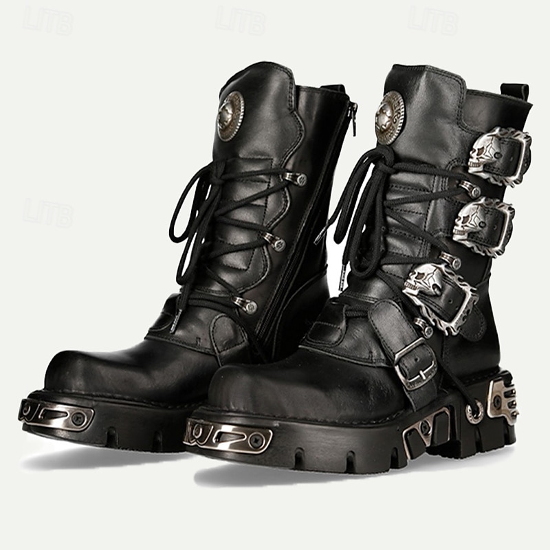 Men's Black Gothic Steampunk Combat Boots with Skull Buckle Accents - Premium Cowhide Leather for Cosplay and Biker Style 2026 - $179.99 –P6