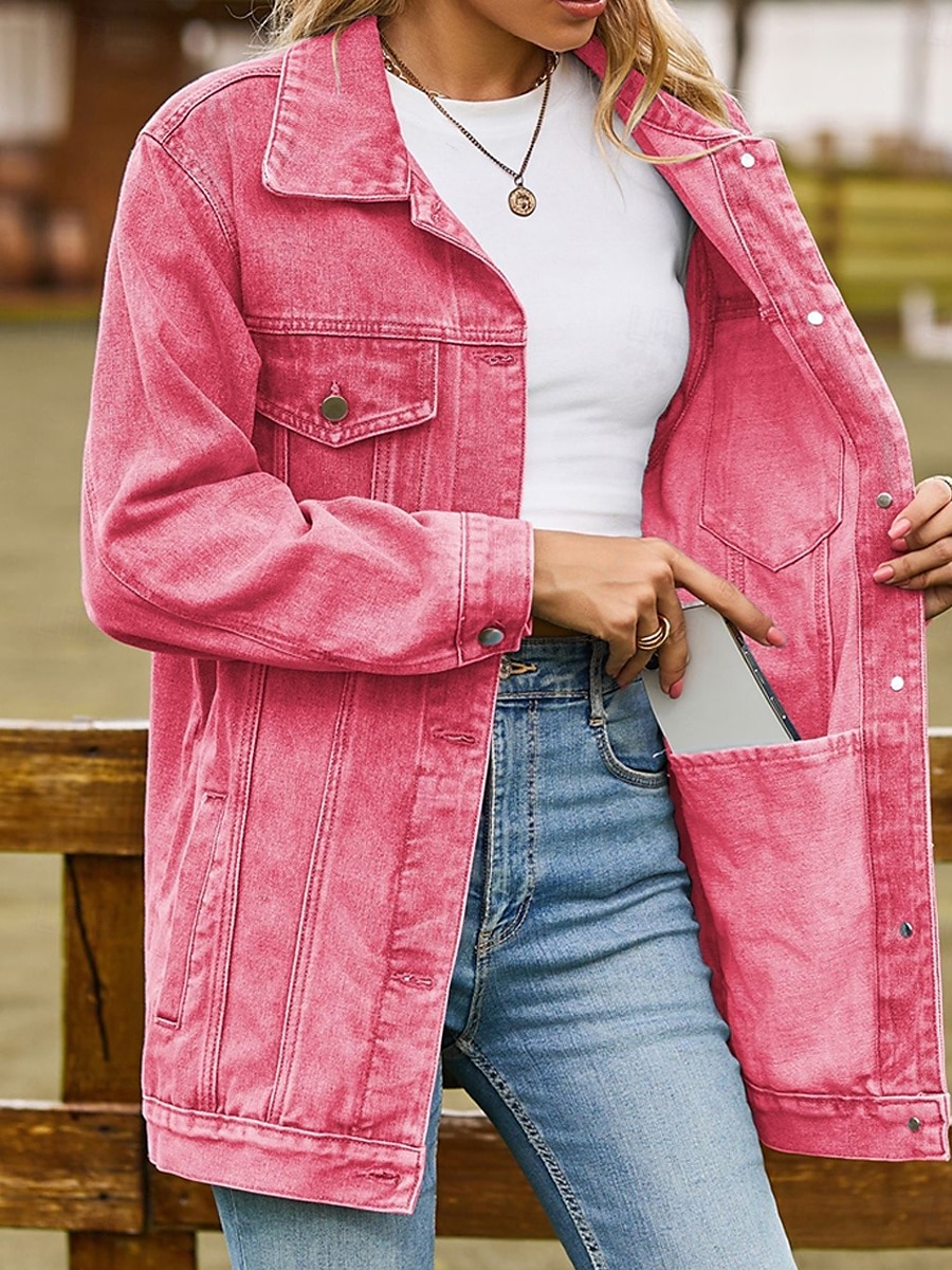 Women's Denim Jacket Outdoor Street Daily Wear Fall Winter Regular Coat Regular Fit Thermal Warm Breathable Stylish Casual Jacket Long Sleeve Solid Color with Pockets Light Blue Black Pink 2025 - $62.99 –P6