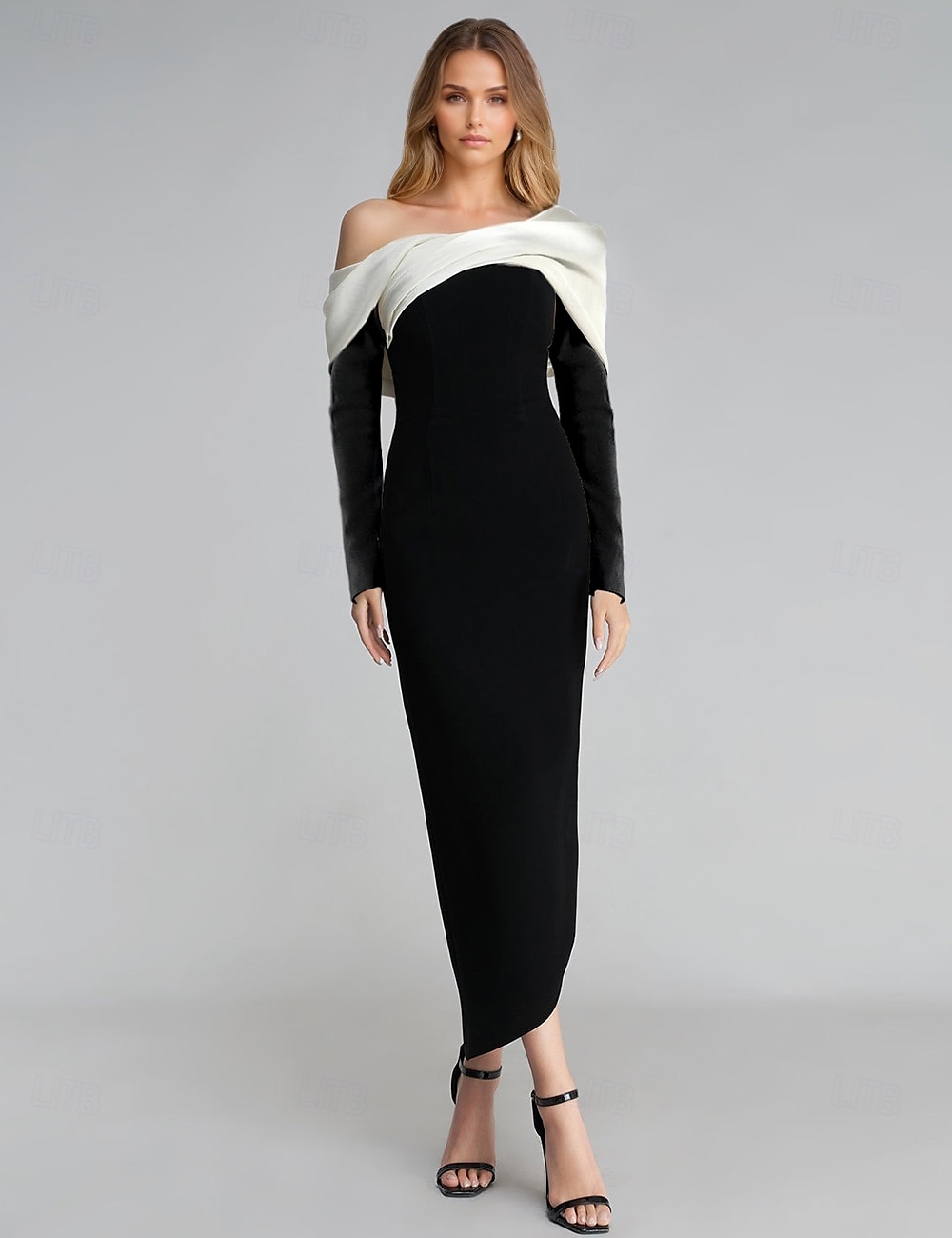 Black Dress Sheath / Column Cocktail Dresses Elegant Dress Formal Tea Length Long Sleeve One Shoulder Pocket Satin with Ruched 2024 2024 - GBP £115 –P1