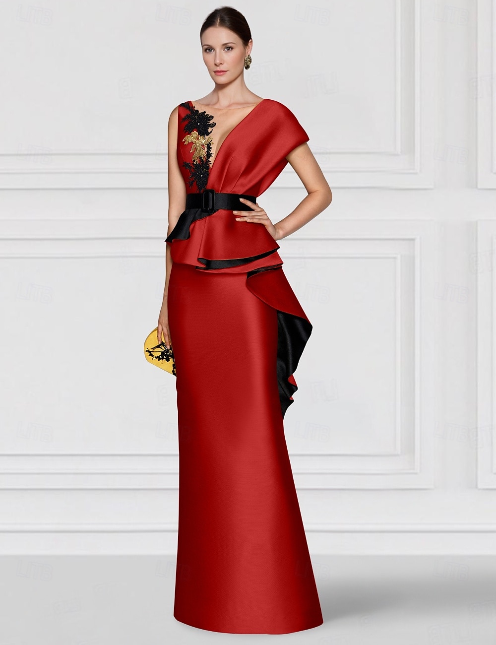 vestido de noite com bainha bordada em ouro vermelho, vestido elegante, formal, comprimento até o chão, sem mangas, decote em v, cetim com apliques 2025 de 2025 por $169.99 –P1