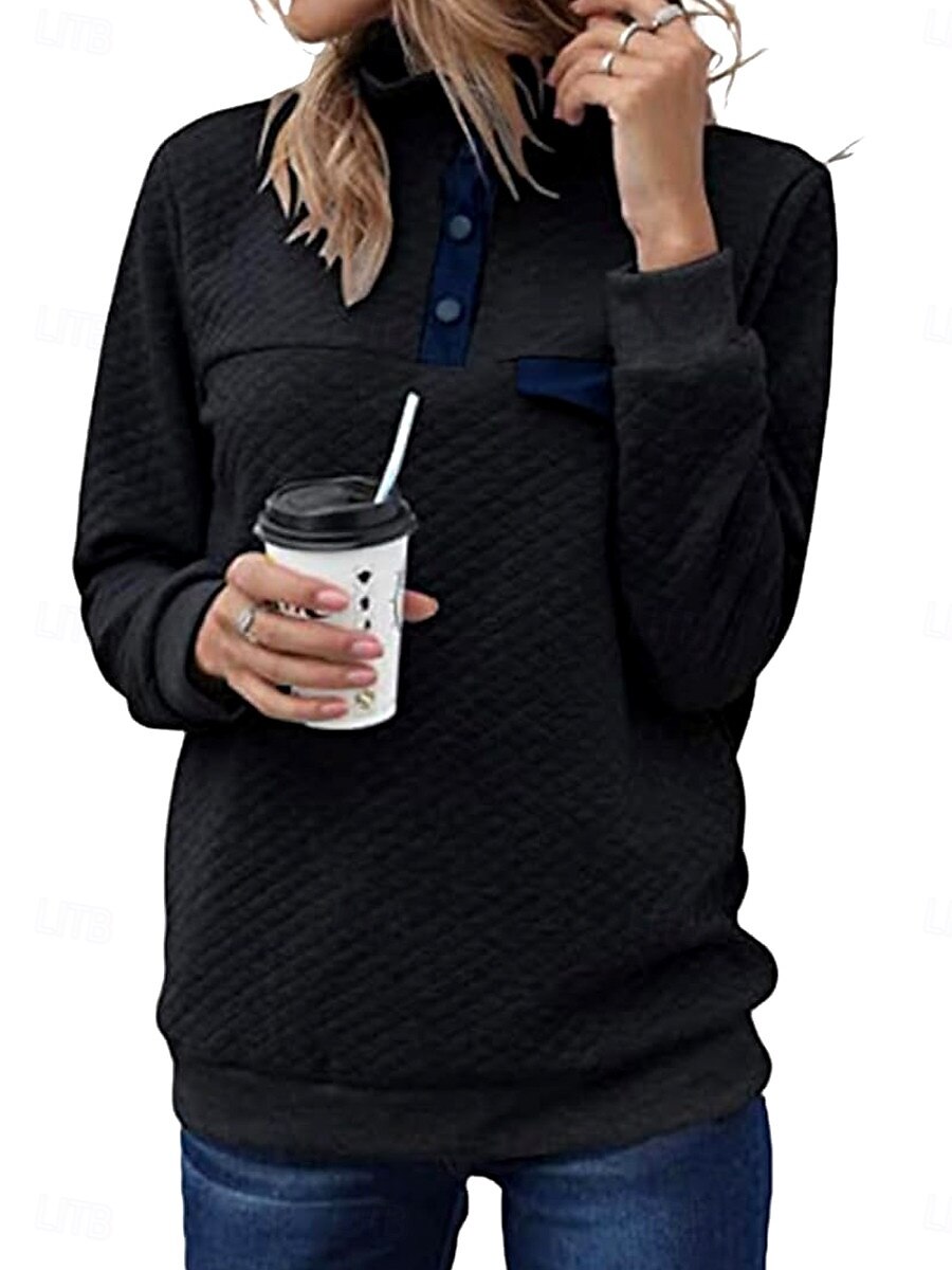 dames sweatshirt casual effen dagelijks gebruik coltrui knopen lange mouw zwart roze grijs herfst winter 2025 - $45.99 –P4