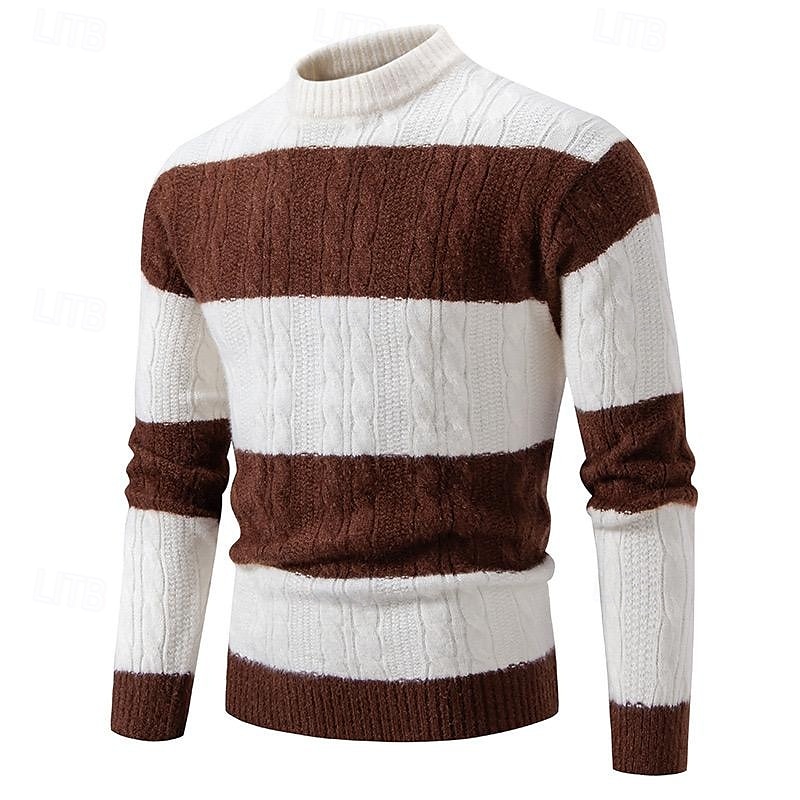 Men's Sweater Cable Chunky Knit Stripe Cable Stripe Crew Neck Christmas Elegant Formal Home Clothing Apparel Bishop Sleeve Fall Winter Black Brown M L XL 2025 - $35.99 –P5