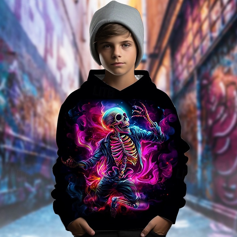 Pojkar 3D Grafisk Dödskalle Huvtröja Långärmad Vår Höst Mode Streetwear Barn 4-12 år Huva Utomhus Ledigt Dagligen Normal 2025 - $18.99 –P2