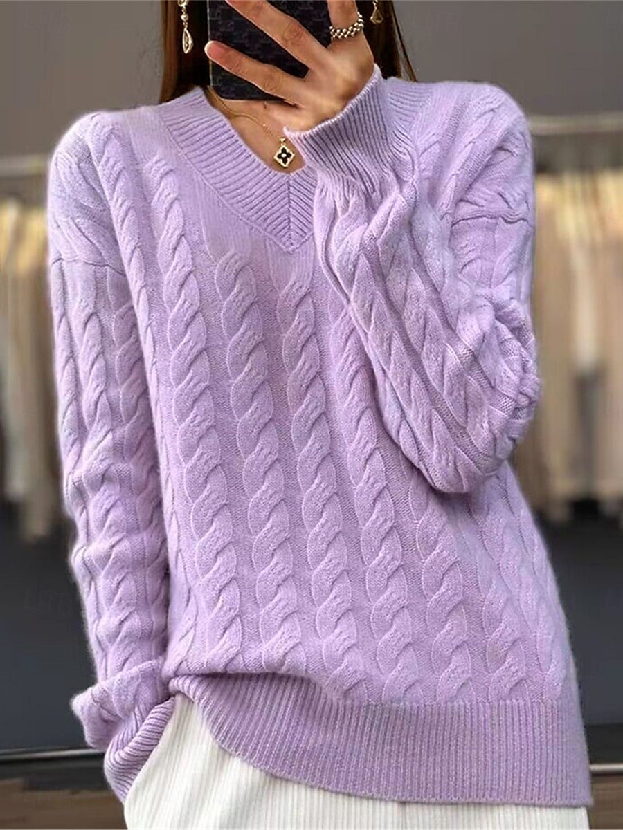 Mujer Pulóveres Suéter de punto Casual Suave Color puro Cable Escote en Pico De Punto Manga Larga Tops regulares Tejer Exterior Diario Fin de semana Color Camello Morado Otoño Invierno 2025 - $41.99 –P1