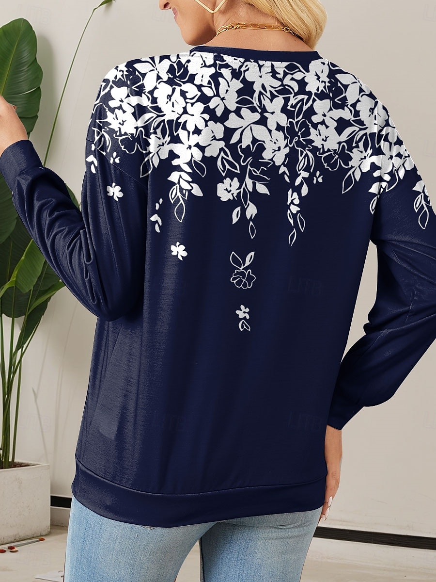 Sudadera de mujer de poliéster con estampado floral para uso diario, con cremallera, informal, cuello redondo, manga larga, microelástica, otoño e invierno, cómoda, transpirable, tejido suave 2025 - $27.99 –P2