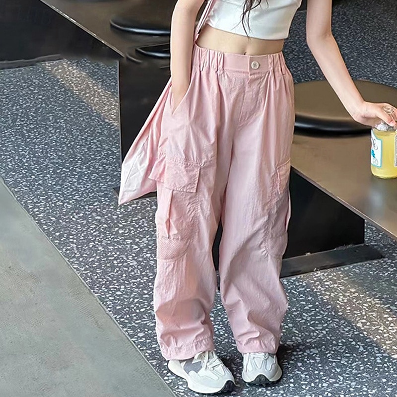 kinderkleidung Mädchen Hose Feste Farbe Strassenmode Tasche Schulanfang 4 Jahre + Frühling Rosa Beige Grau 2026 - $15.99 –P2