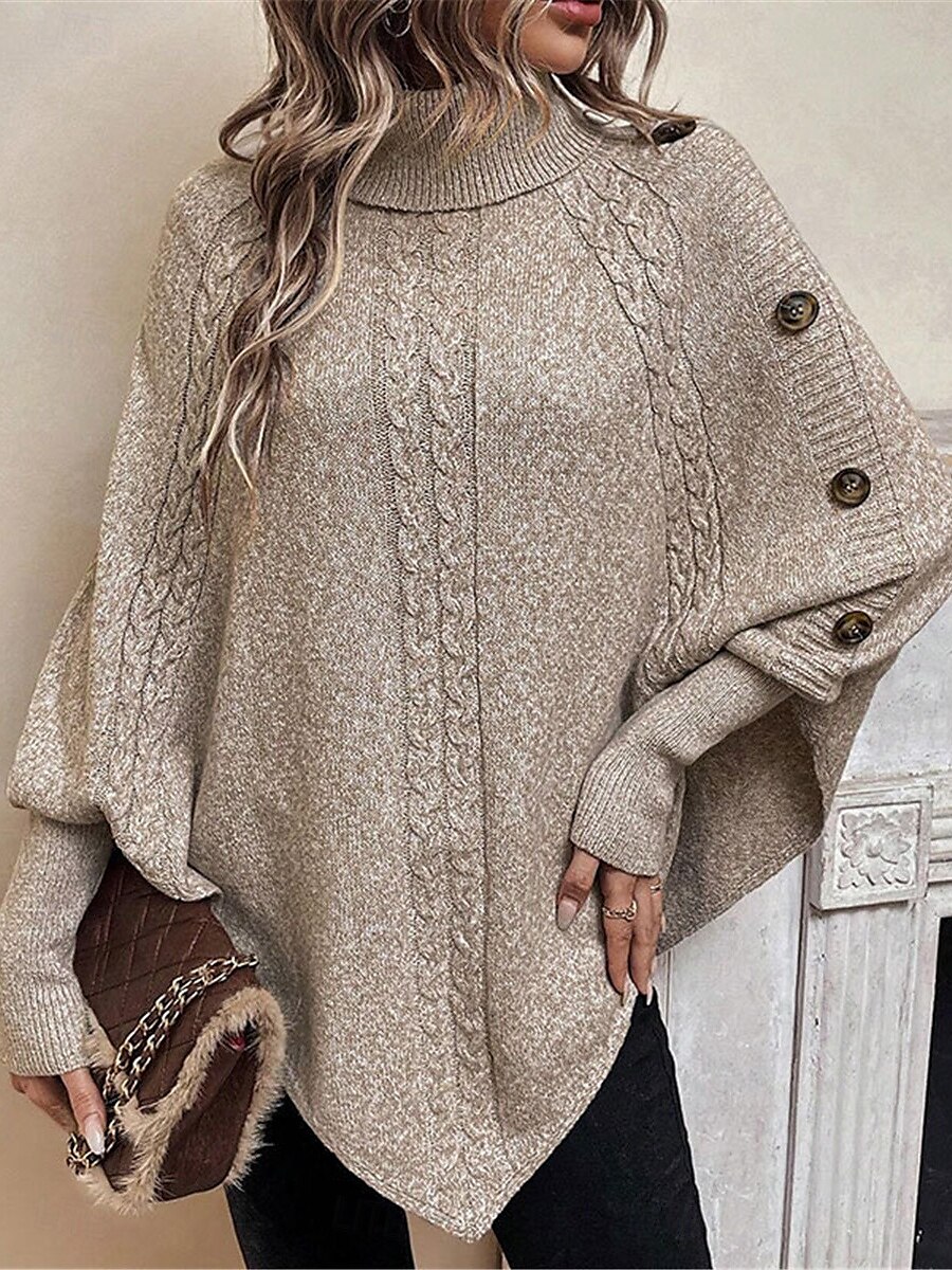 Dam Tröja Pullover tröja Ledigt Mjukt Ren färg Ribbad Polokrage Knappar Stickat Fladdermusärm Långärmad Vanliga toppar Sticka Utomhus Dagligen Helgen Kaki Höst Vinter 2025 - $51.99 –P3