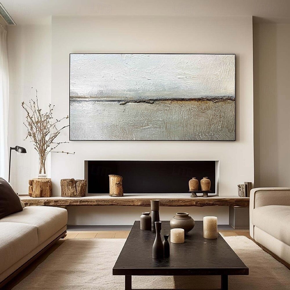 großes cremebeiges abstraktes geometrisches Ölgemälde handgemachtes Meeresgemälde handgemalt moderne Wabi Sabi Wandkunst braun und schwarz minimalistische Wandkunst beige Strukturgemälde 2025 - $116.99 –P3