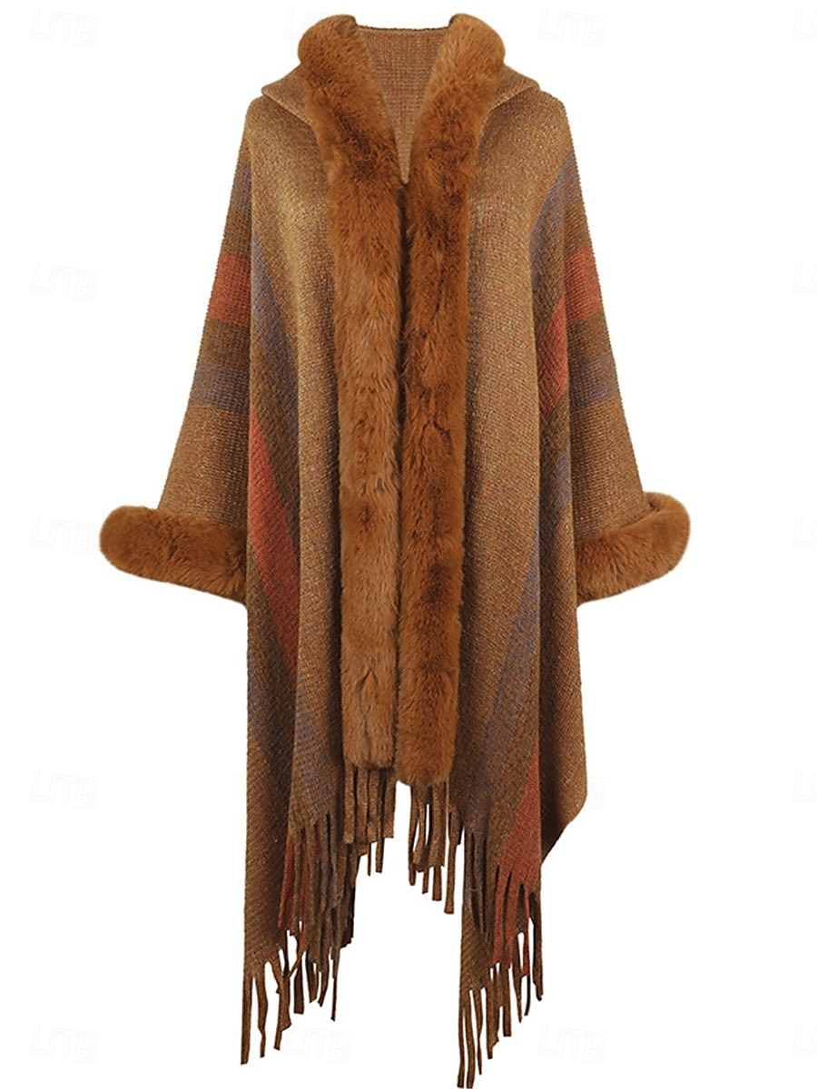 Women's Cloak / Capes Outdoor Street Daily Wear Fall Winter Regular Coat Regular Fit Thermal Warm Breathable Stylish Casual Jacket Long Sleeve Stripe Faux Fur Trim Khaki Apricot Gray 2025 - $73.99 –P7