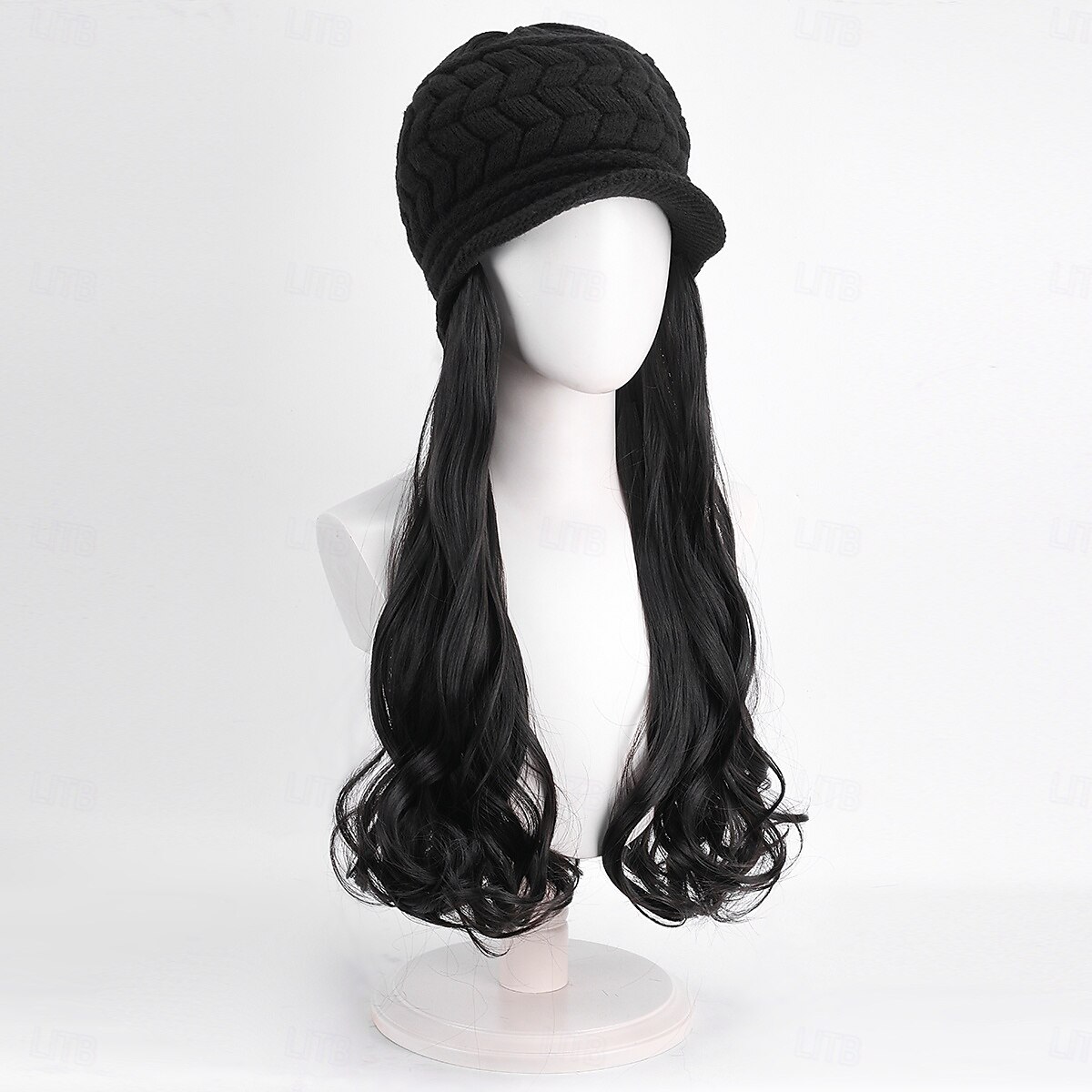 Gorro con peluca y extensiones de pelo largo y ondulado, gorro de punto con pompón para mujer, color negro, para invierno 2025 - $26.99 –P1