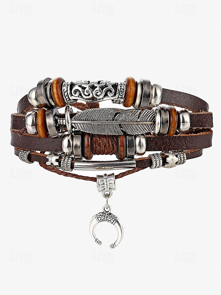 mäns boho flerlagers läderarmband med fjäder och halvmåneberlock – vintageinspirerat justerbart omlottarmband för avslappnad stil 2025 - $11.99 –P5
