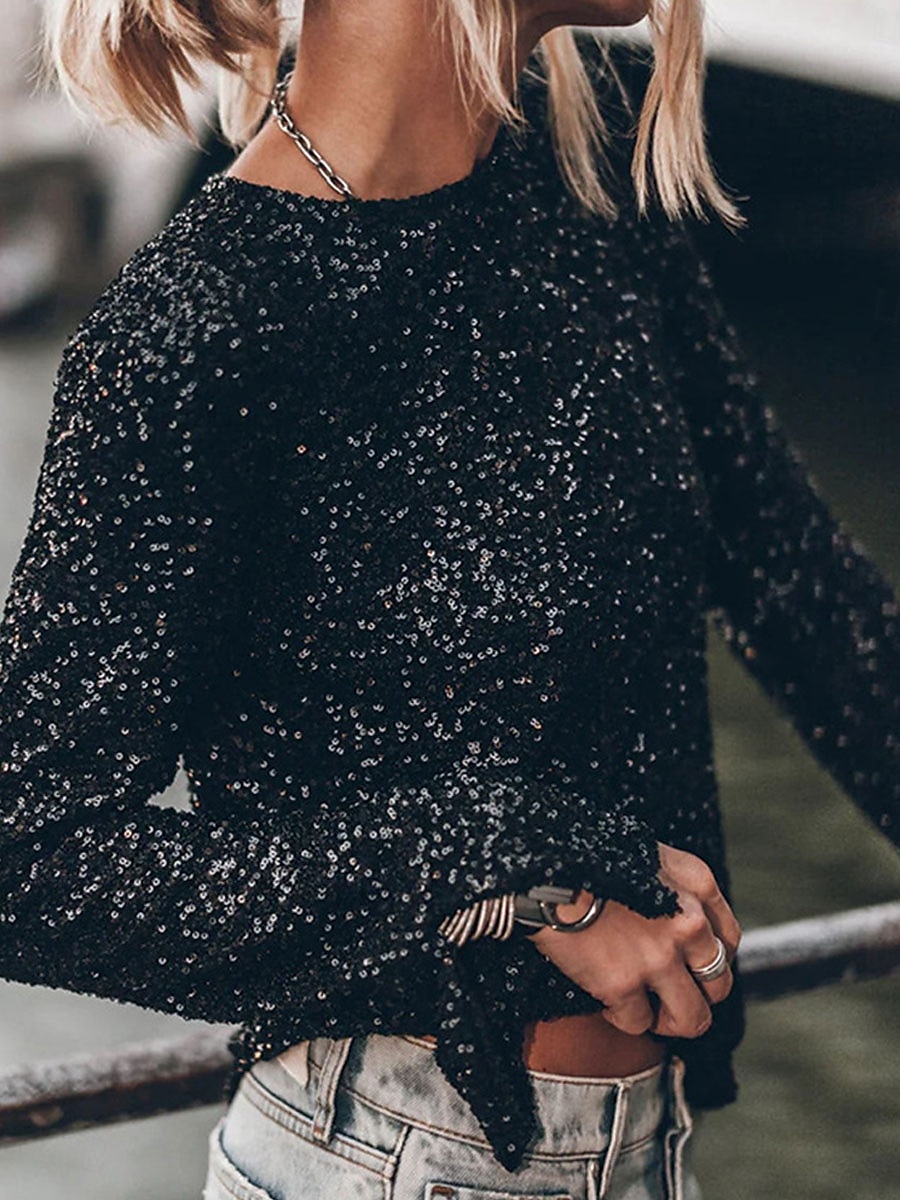 Damen Hemd Pailletten Funkelnd Party Pailletten Rückenfrei Einfarbig Basic Lässig Langarm Rundhalsausschnitt Normale Oberteile Party Silber Schwarz Herbst Winter 2026 - $35.99 –P4