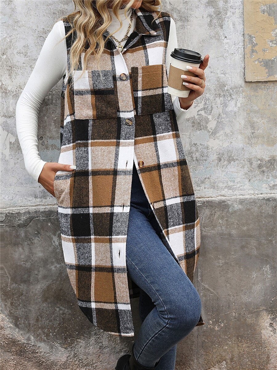 Mulheres Colete Ao ar livre Rua Roupa Diária Outono Inverno Longo Casaco Normal Térmico / Quente Respirável à moda Casual Casaco Sem Manga Listras e xadrez Com bolsos Imprimir Laranja Verde Cáqui de 2025 por GBP £32 –P3