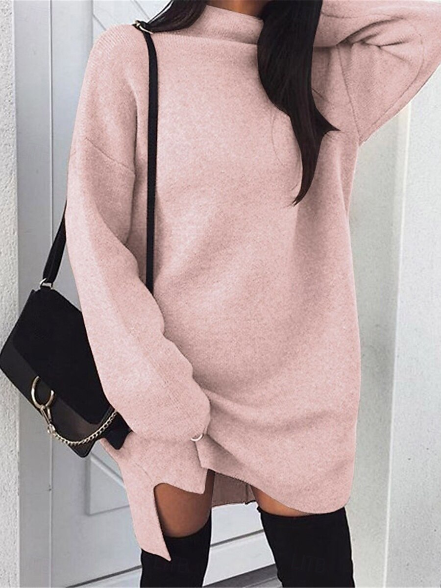 Women's Casual Dress Mini Dress Split Casual Stand Collar Long Sleeve Black Yellow Pink Color 2025 - $27.99 –P2