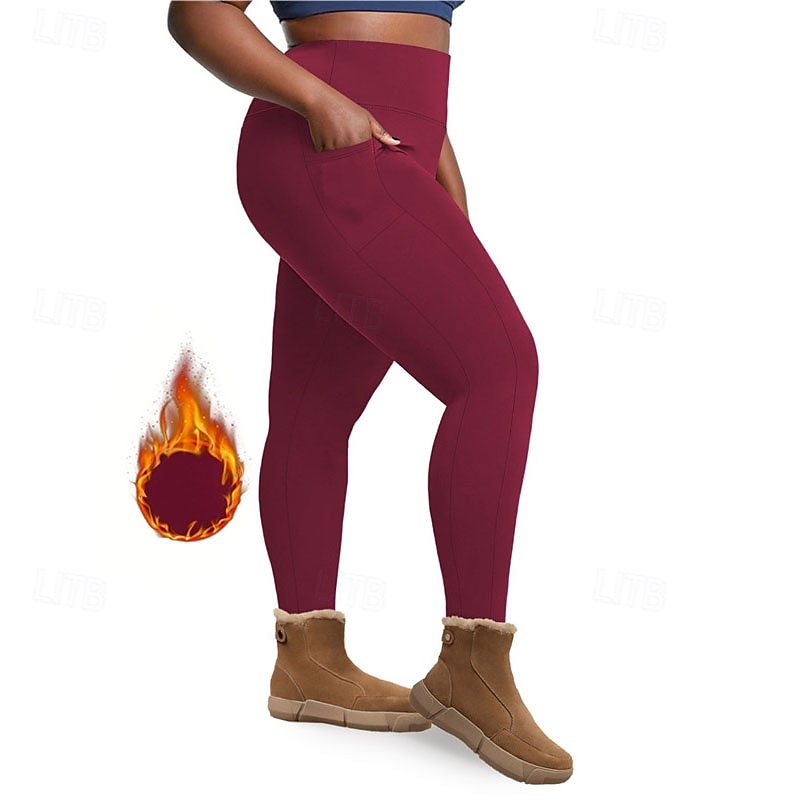 Dam Yogabyxor Fleecefodrade Leggings Yoga leggings med telefonficka Hög midja Pilates Gymträning Träna Trikåer Ensfärgat Mörkgrå Svart Vinröd Elastan Skinna Höst Vinter Plusstorlekar sporter 2026 - $16.49 –P12