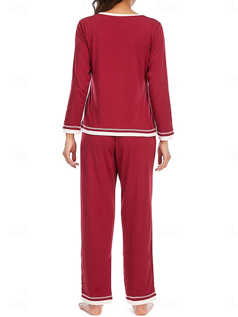 set de pijamale de damă culoare pură casual confort acasă zilnic confort din bumbac cald cu gâtul turnat tricou cu mânecă lungă pantaloni talie elastică ținute de toamnă iarnă acasă 2026 - $41.99 –P2