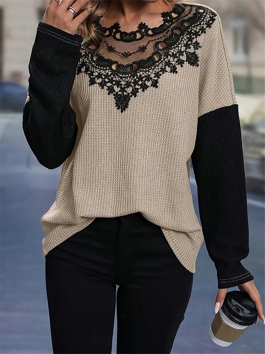 Top in pizzo elegante da donna blusa all'uncinetto moda moderna casual top semplici regolari maniche lunghe scollo rotondo vestibilità regolare abbigliamento quotidiano weekend romantico top petite del 2025 a $23.99 –P3
