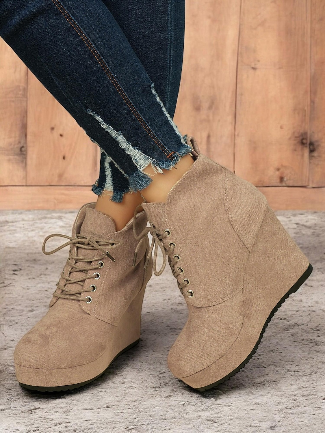 Women's Faux Suede Wedge Ankle Boots with Lace-Up Design - Comfortable Platform Boots for Casual and Everyday Wear 2025 - $34.99 –P6