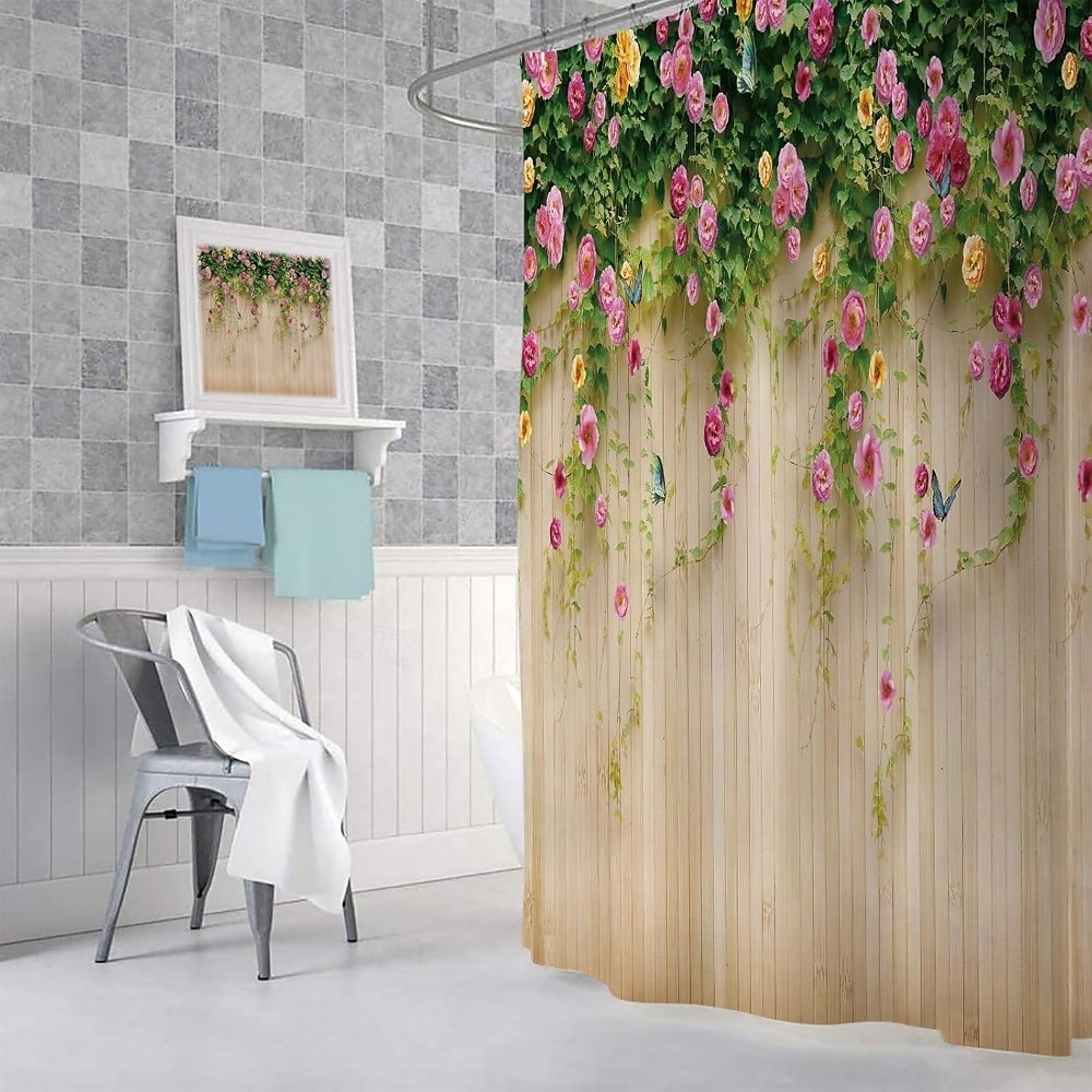 Dusjforheng med kroker 180cm*180cm (70"*70") Polyester Vaskbart Vanntett Blomster Sommerfugl Mønster Bad Dekor 2025 - $22.99 –P4