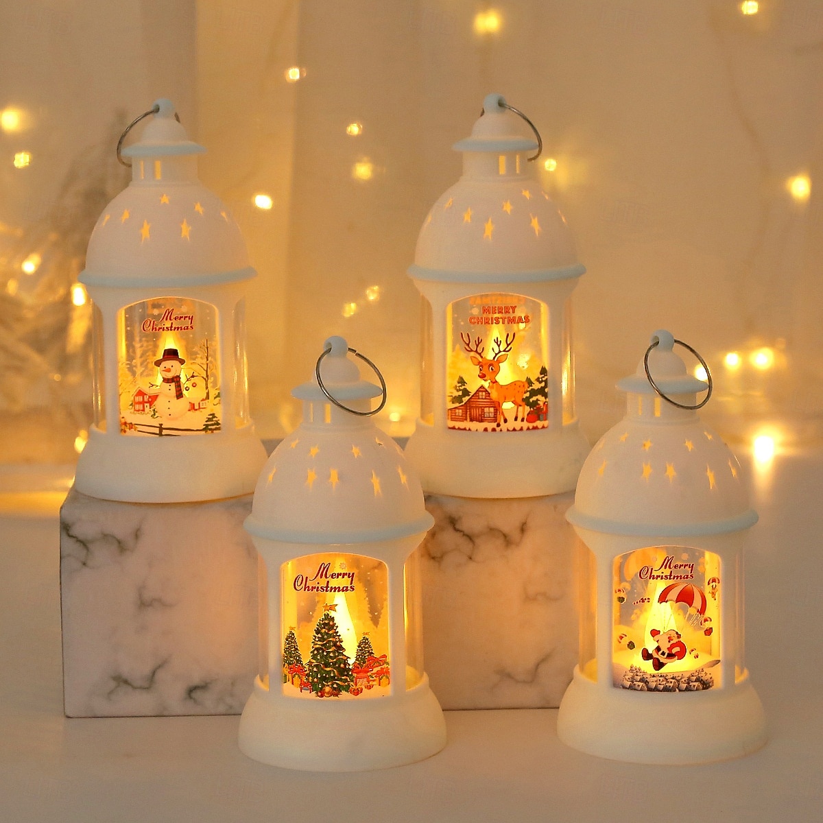 jul retro slott led levande ljus, batteridriven tomte  & snögubbe lykta festlig inredning för jul, nyår  & träd prydnad 2025 - $9.49 –P5
