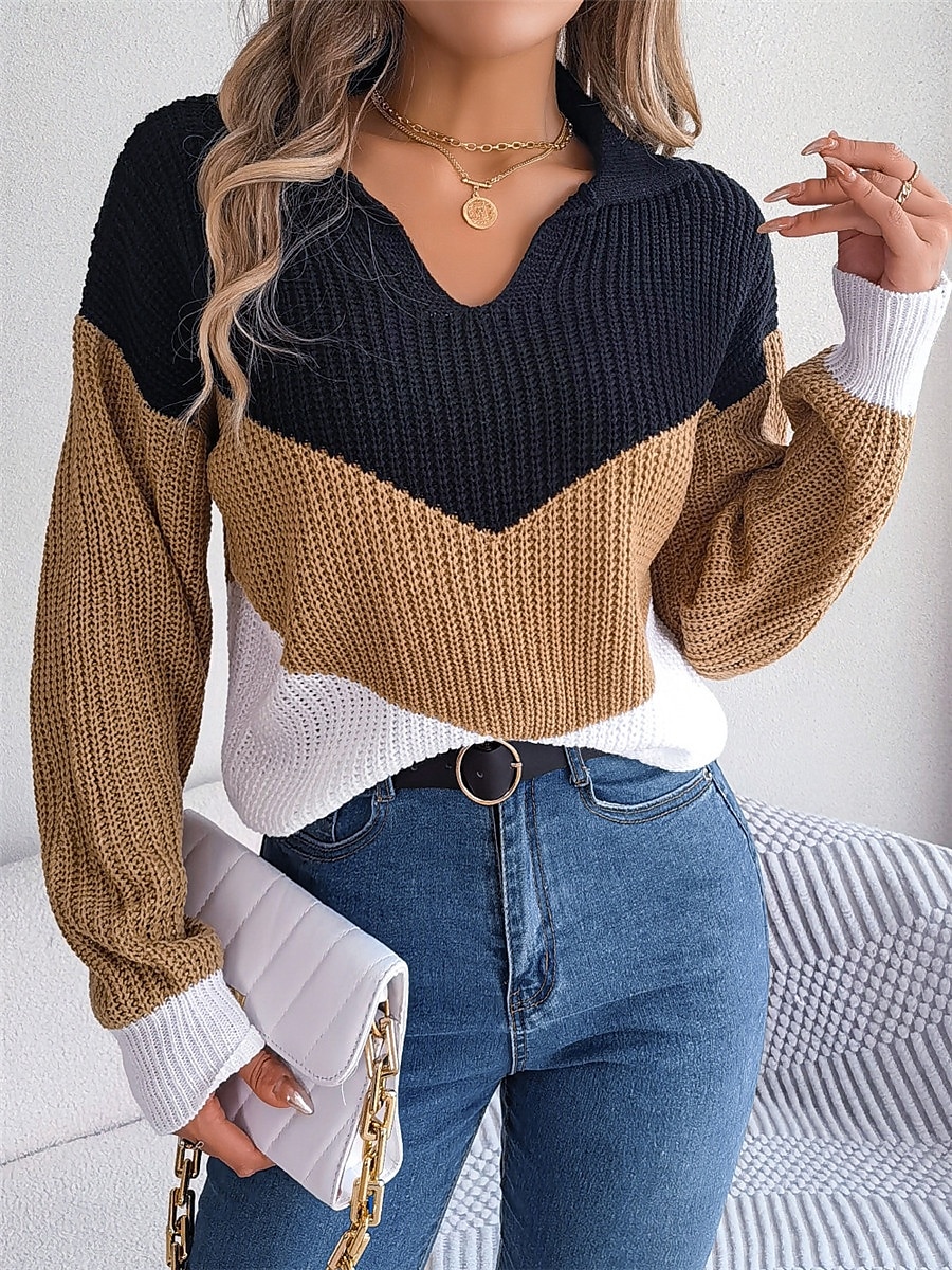 Dame Genser Pullover genser Fritid Myk Fargeblokk Riflet V-hals Strikket Langermet Vanlige topper Strikke utendørs Daglig Helg Blå Kakifarget Høst Vinter 2025 - $29.99 –P10