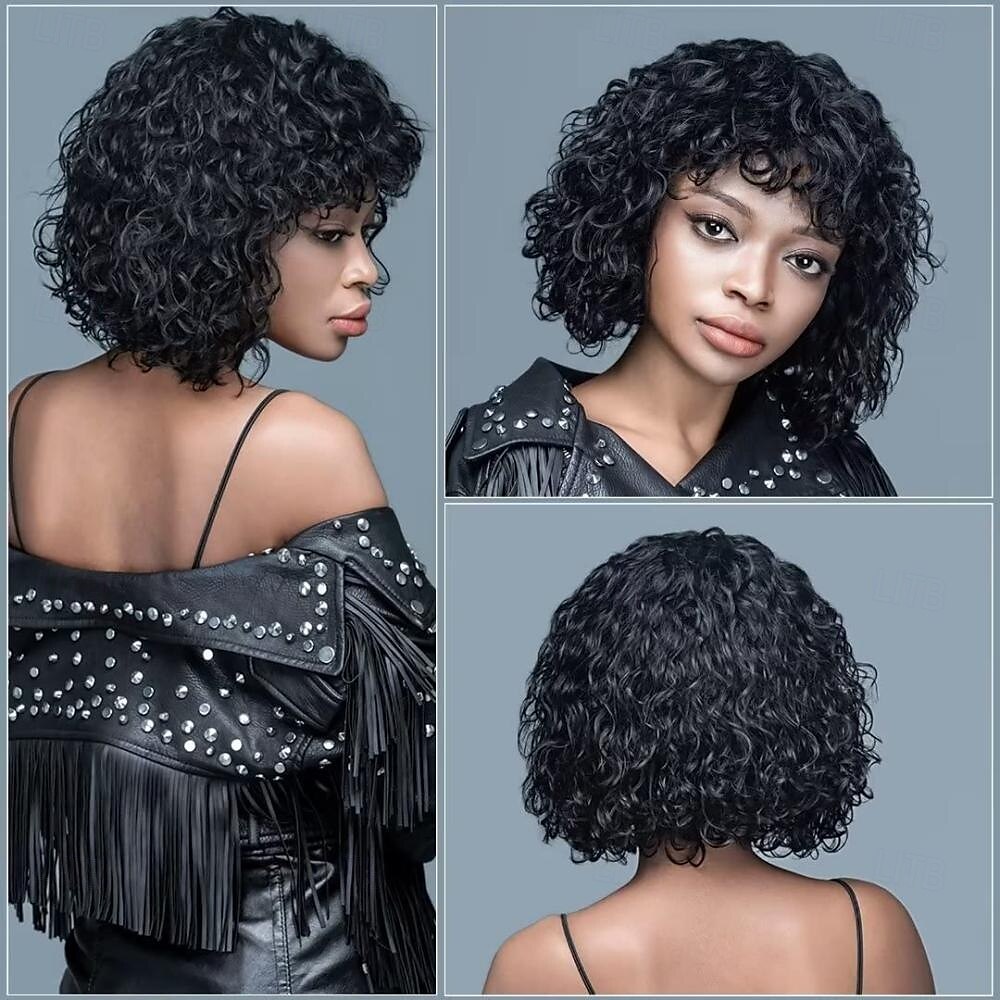 perucas curtas de cabelo humano cacheado peruca curta bob cacheado cabelo humano com franja para mulheres peruca curta sem cola onda de água cabelo humano com franja preto natural 12 polegadas de 2025 por $89.99 –P1