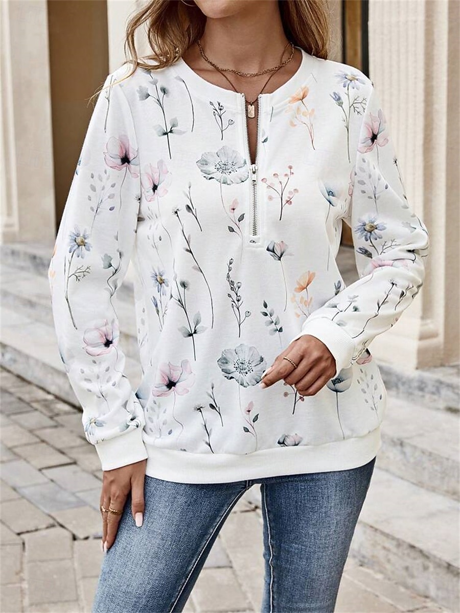 Sudadera de mujer con estampado floral para uso diario, con cremallera, informal, cuello redondo, manga larga, microelástica, otoño e invierno, cómoda, transpirable, tejido suave 2025 - $27.99 –P3
