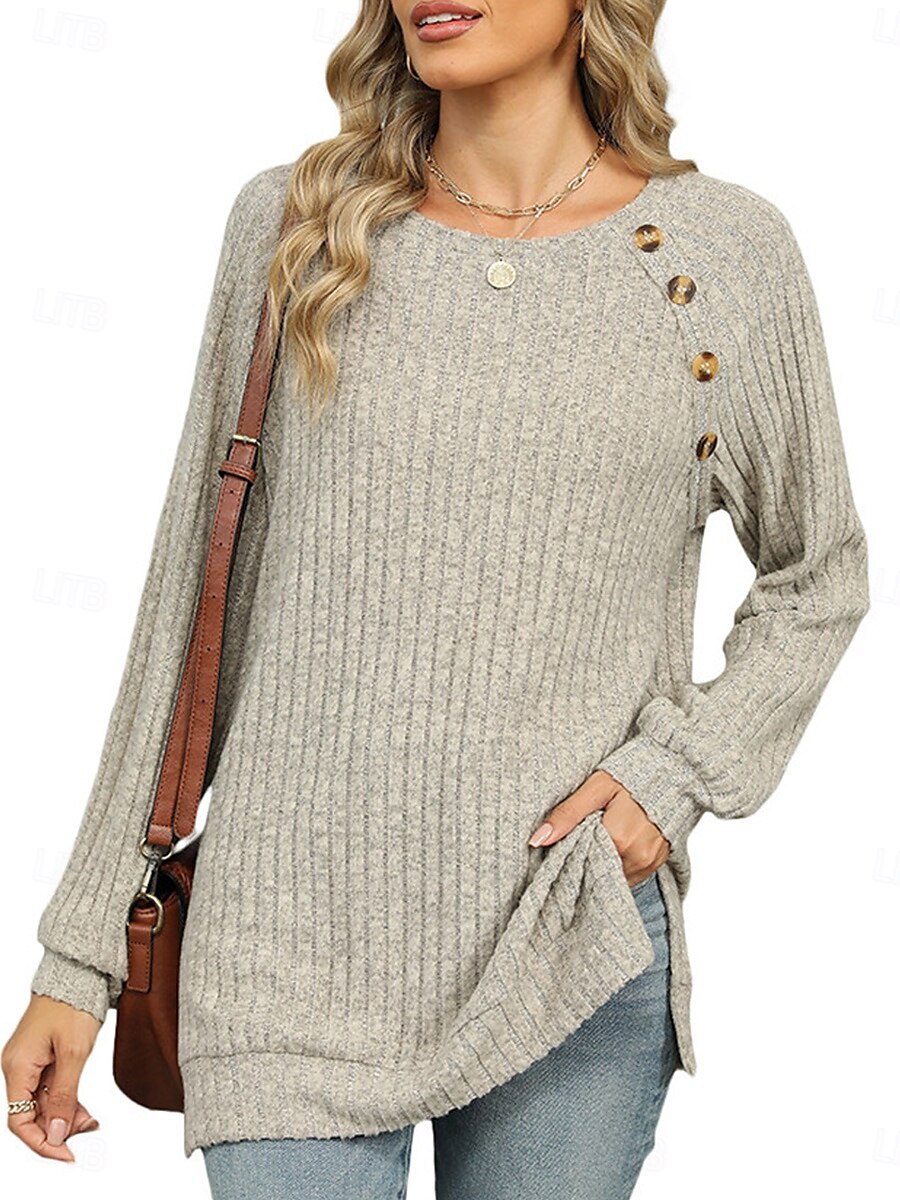 Per donna maglietta Liscio Di tendenza Moderno Informale Manica lunga Girocollo Top regolari Giornaliero Fine settimana Bottoni Rosa Blu Verde Cachi Autunno Inverno del 2025 a $29.99 –P5