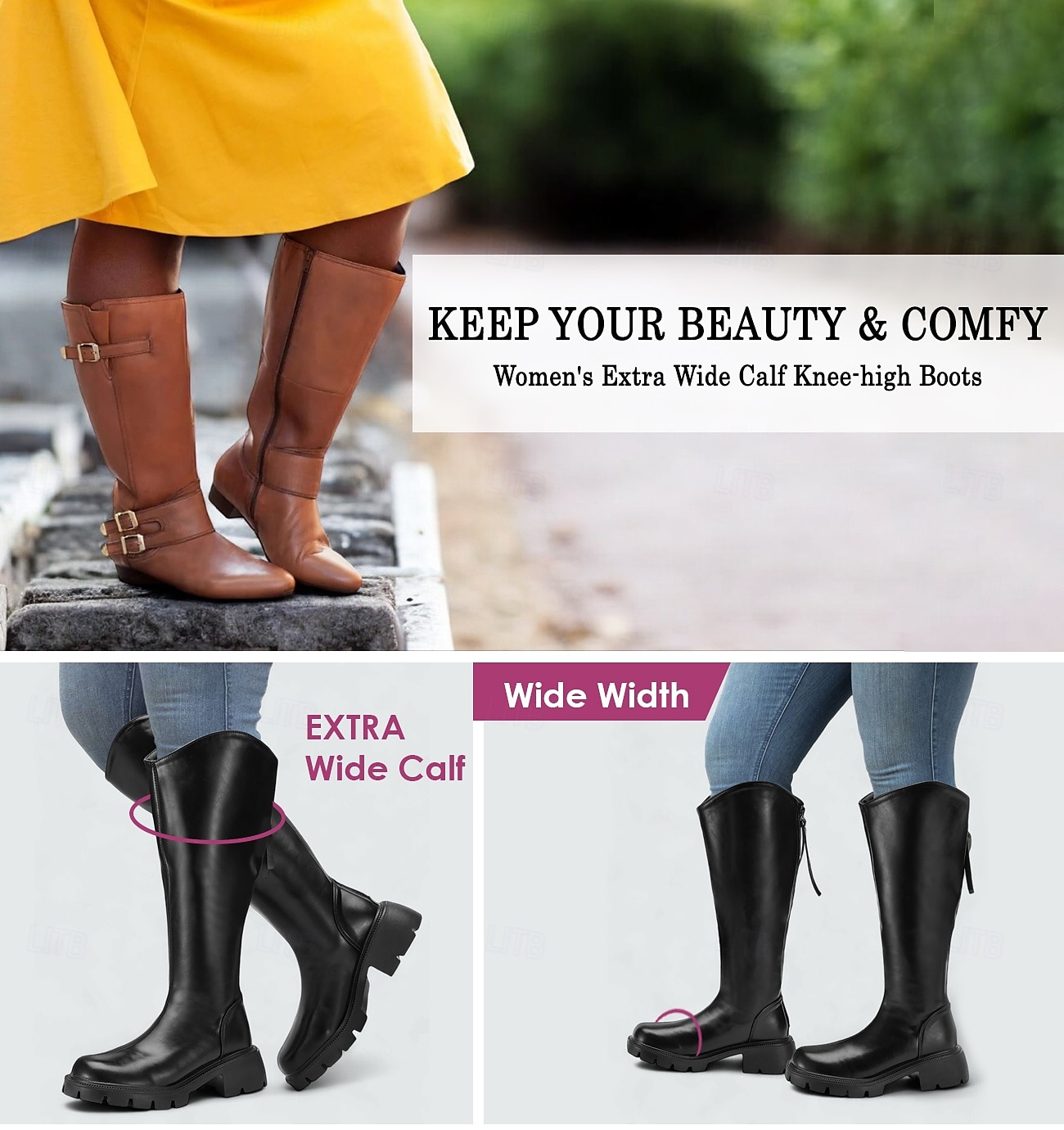 Women's Extra Wide Calf Knee-High Boots – Comfortable Black Faux Leather with Rugged Sole, Perfect for Outdoor Adventures and Everyday Wear 2025 - $79.99 –P1