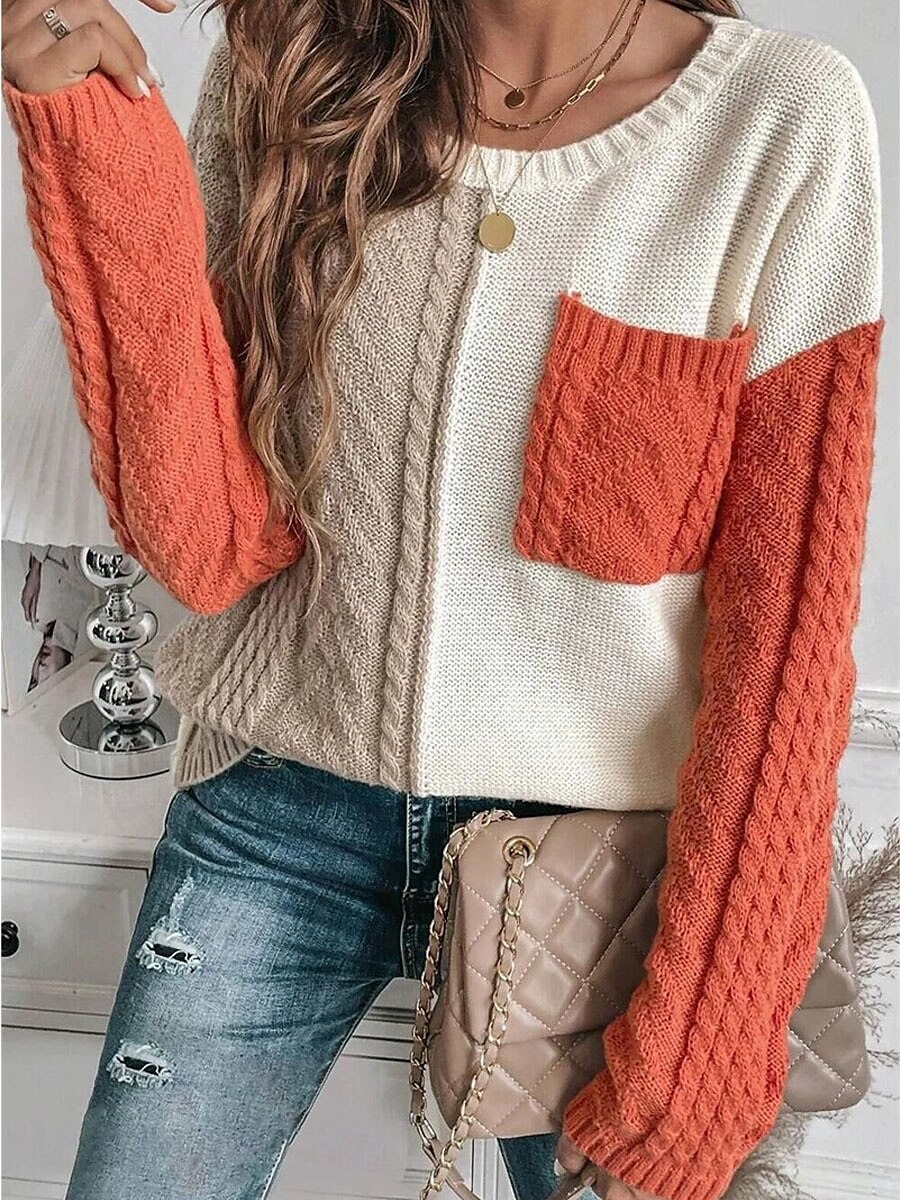 Dam Tröja Pullover tröja Ledigt Mjukt Ren färg Kabel Rund hals Ficka Stickat Långärmad Vanliga toppar Sticka Utomhus Dagligen Helgen Orange Grön Höst Vinter 2025 - $54.99 –P3