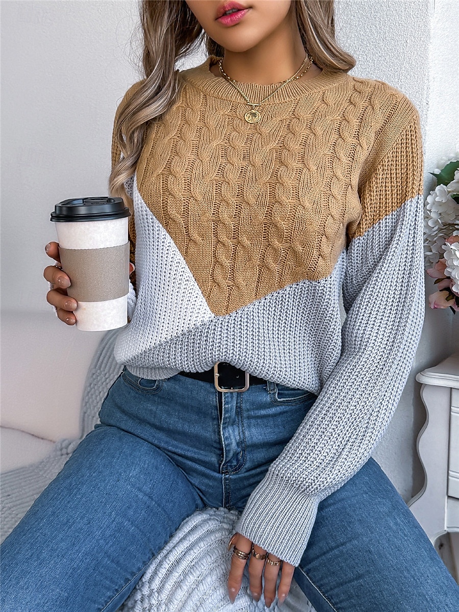 Dame Genser Pullover genser Fritid Myk Fargeblokk Riflet Crew-hals Lapper Strikket Langermet Vanlige topper Strikke utendørs Daglig Helg Svart Rosa Høst Vinter 2025 - $29.99 –P13
