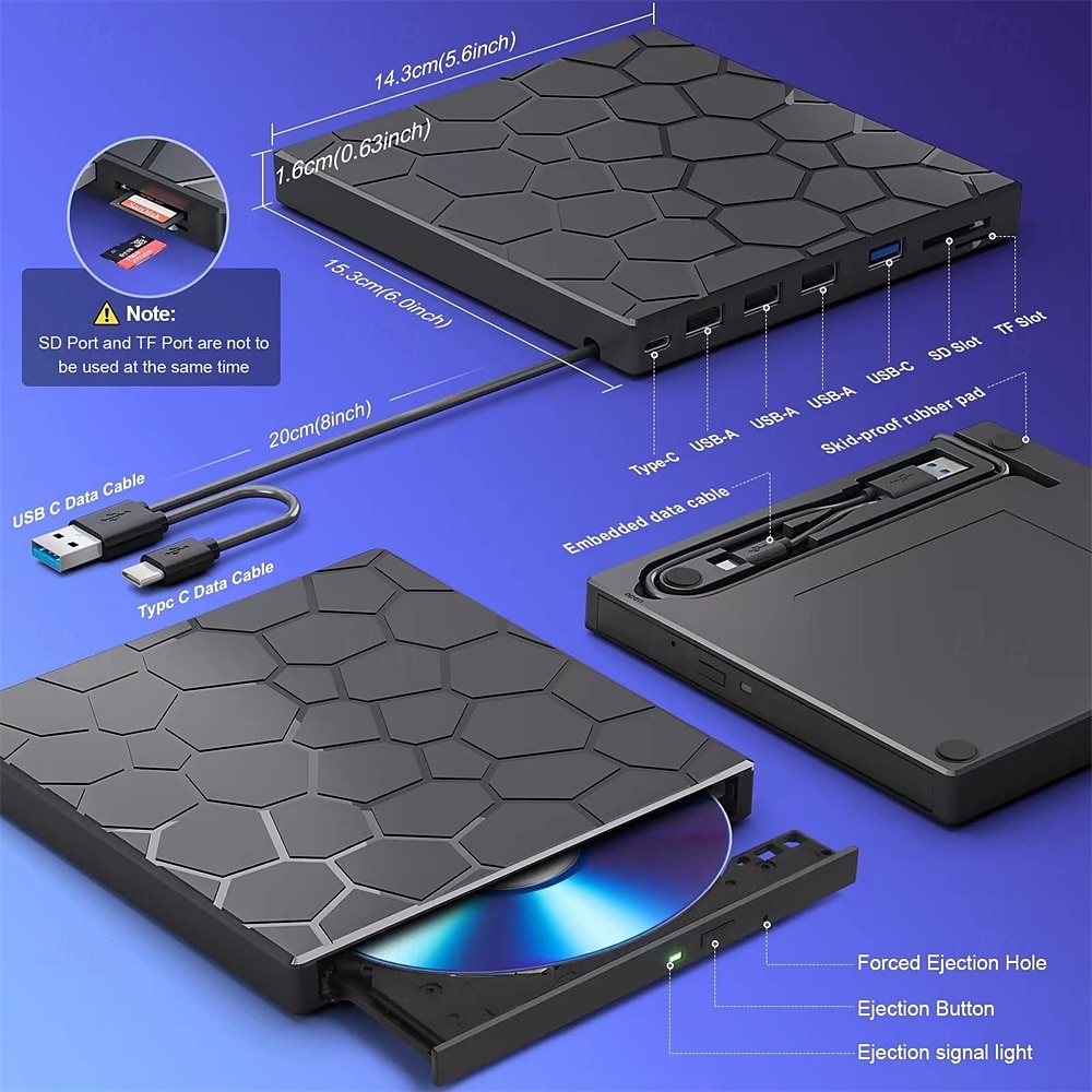 внешний привод CD/DVD для ноутбука, DVD-плеер для ноутбука 8 в 1 USB 3.0 сверхтонкий портативный CD-рекордер внешний оптический дисковод совместимый с ноутбуком настольным компьютером 2025 - $59.99 –P5