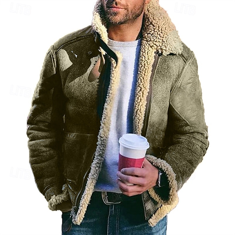 Men's Faux Leather Jacket Fleece Jacket Biker Jacket Motorcycle Jacket Daily Vacation Windproof Warm Pocket Fleece Fall & Winter Plain Fashion Classic Lapel Regular Black Red Green Khaki Jacket 2025 - $48.99 –P4
