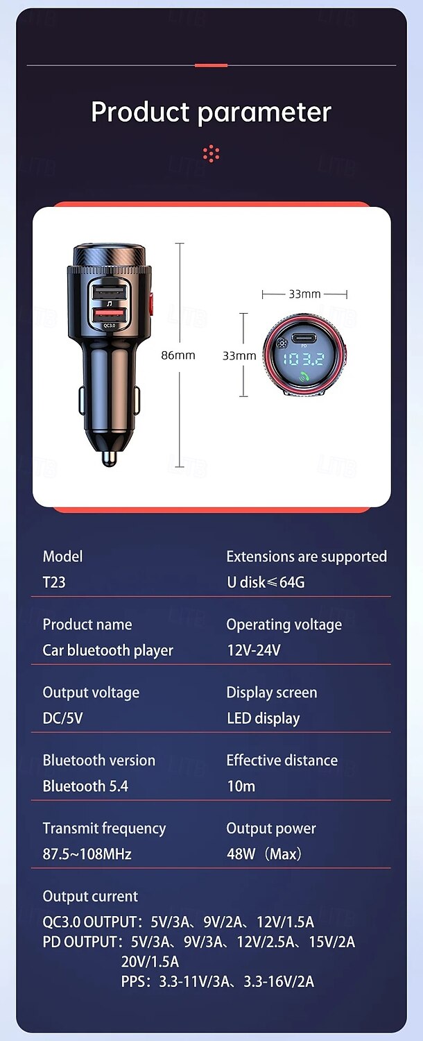 PD30WQC 3.0 Bluetooth 5.4 Car MP3 Player FM Transmitter Wireless Handsfree U Disk Play USB Car Fast Charge Adapter 2025 - $31.99 –P13