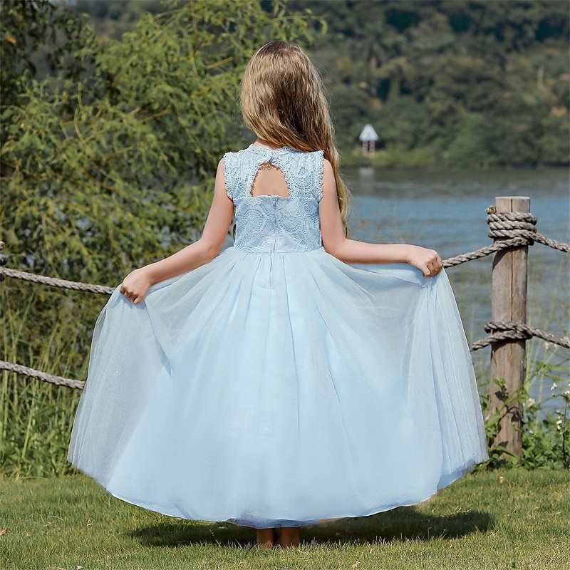 Infantil Para Meninas Vestido de daminha de honra Vestido de festa Côr Sólida Sem Manga Espetáculo Casamento Festa Com Transparência Frente Única Patchwork Elegante Doce Poliéster Renda Longo Vestido de 2025 por $44.99 –P9