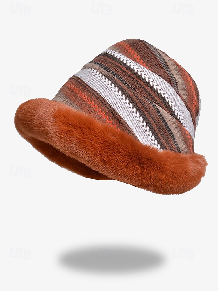 Women's Cozy Faux Fur Winter Hat – Vintage Striped Knit Bucket Hat with Warm Plush Lining 2025 - $14.99 –P8