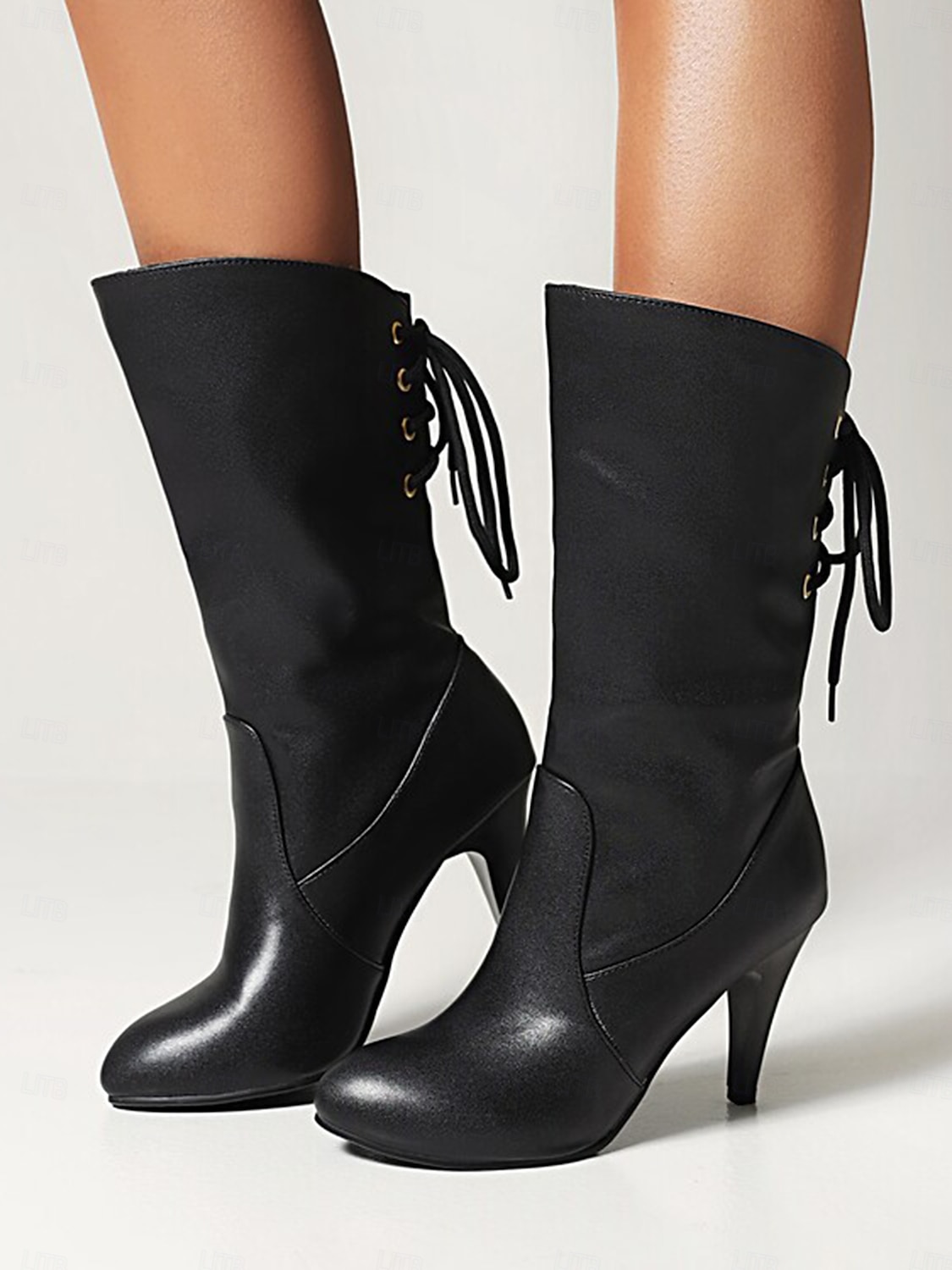stivali neri con lacci da donna con tacco a metà polpaccio - eleganti stivali a stiletto con punta affilata e dettaglio in pizzo laterale per outfit autunnali e invernali del 2025 a $59.99 –P6